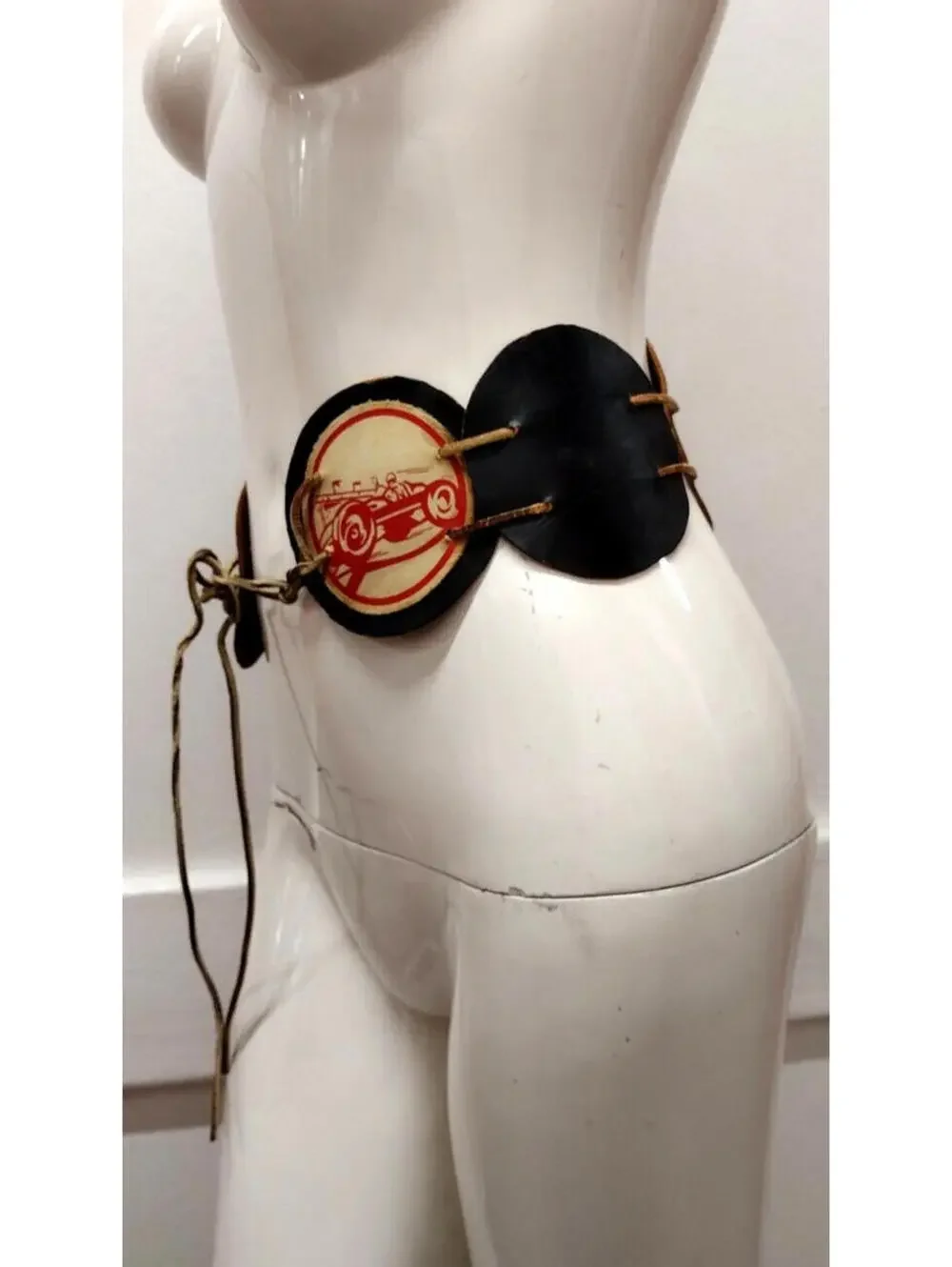 Belt Antique Circle Leather XS Belt 1900s Pre-War Race Car Roadster Black Deco